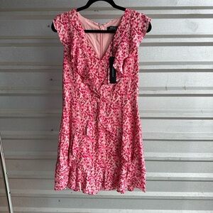 BCBG Pink Mini Dress with Flutter Sleeves and V-Neck for Weddings